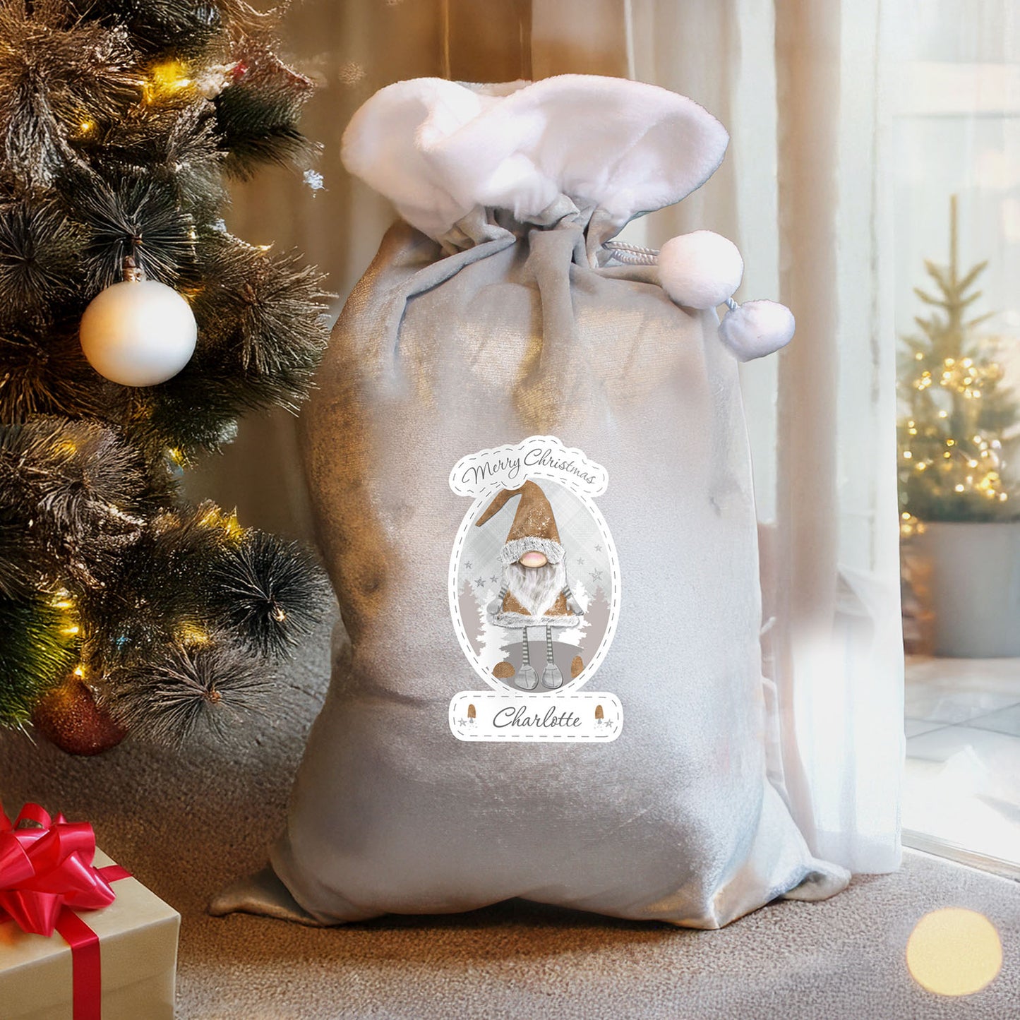 Personalised Christmas Gonk Silver Grey Pom Pom Santa Sack
