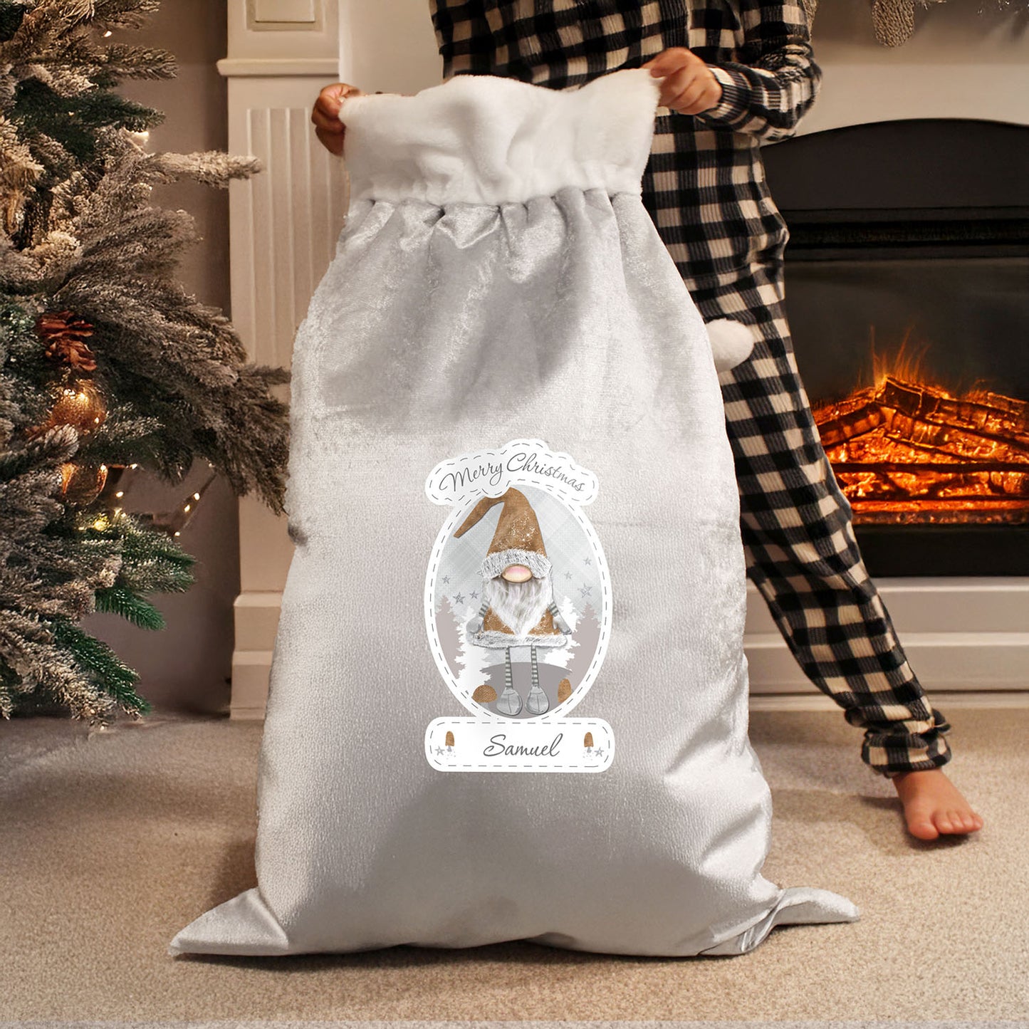 Personalised Christmas Gonk Silver Grey Pom Pom Santa Sack