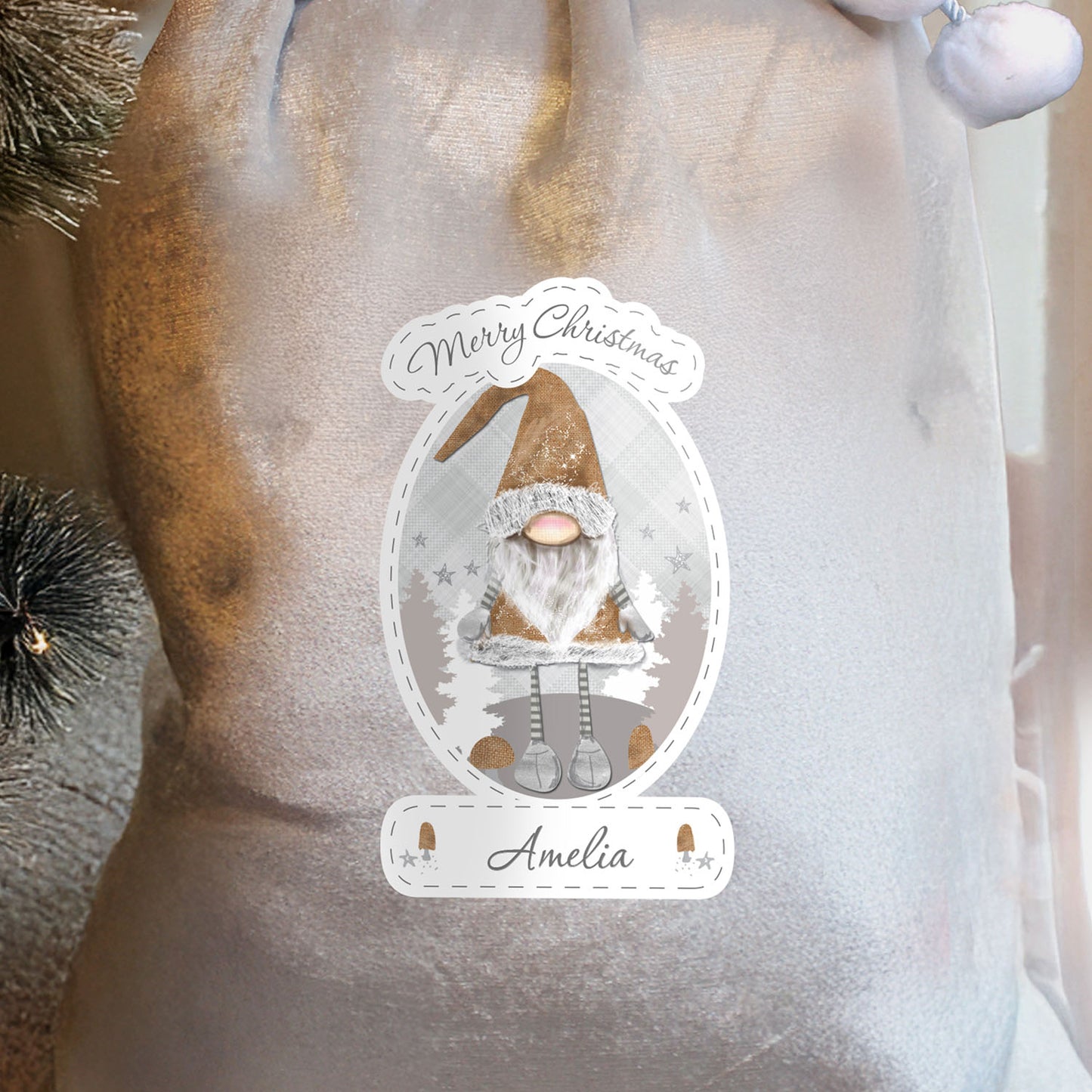 Personalised Christmas Gonk Silver Grey Pom Pom Santa Sack