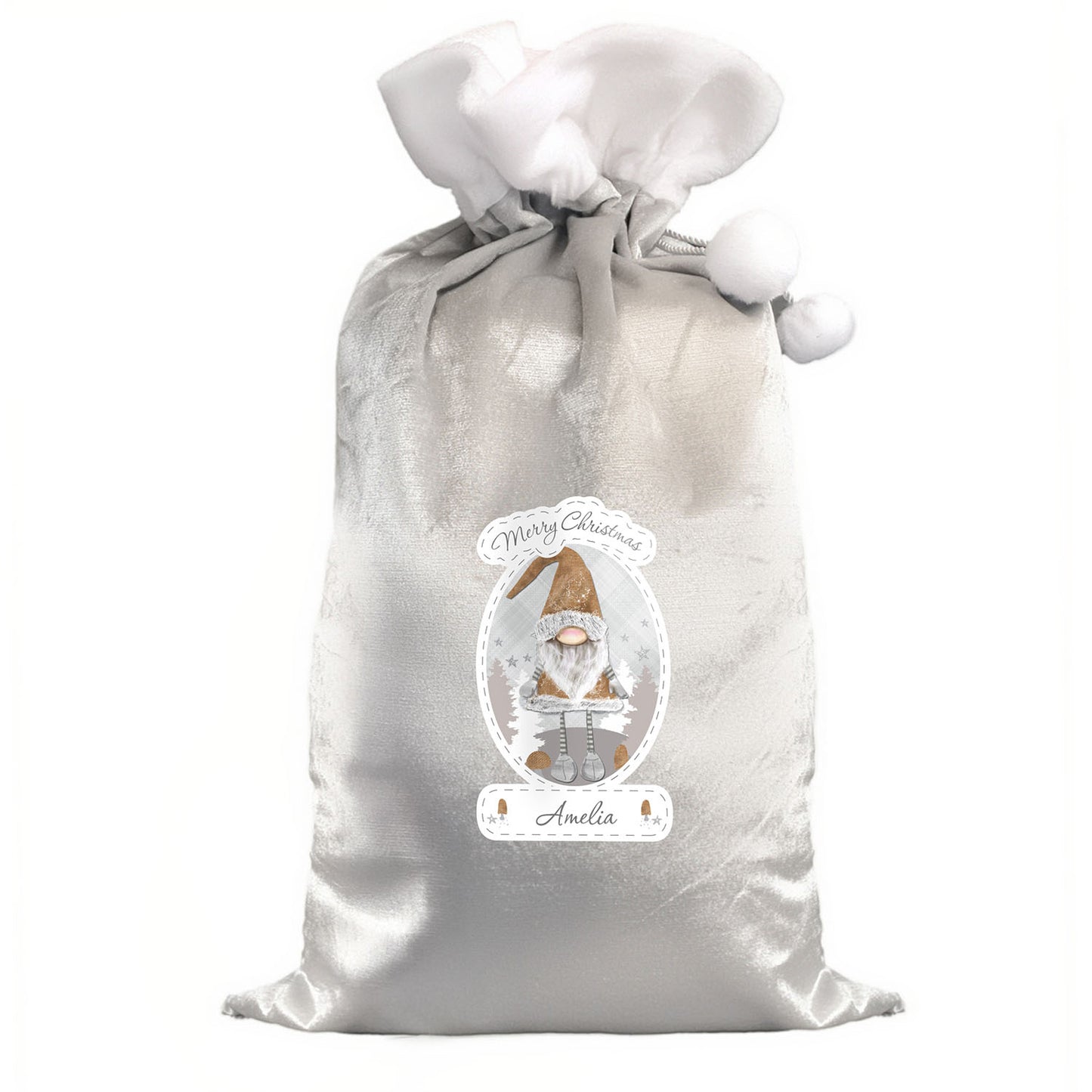 Personalised Christmas Gonk Silver Grey Pom Pom Santa Sack