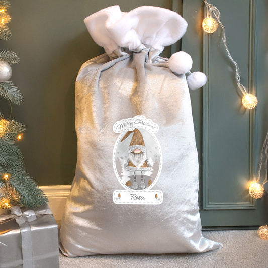 Personalised Christmas Gonk Silver Grey Pom Pom Santa Sack