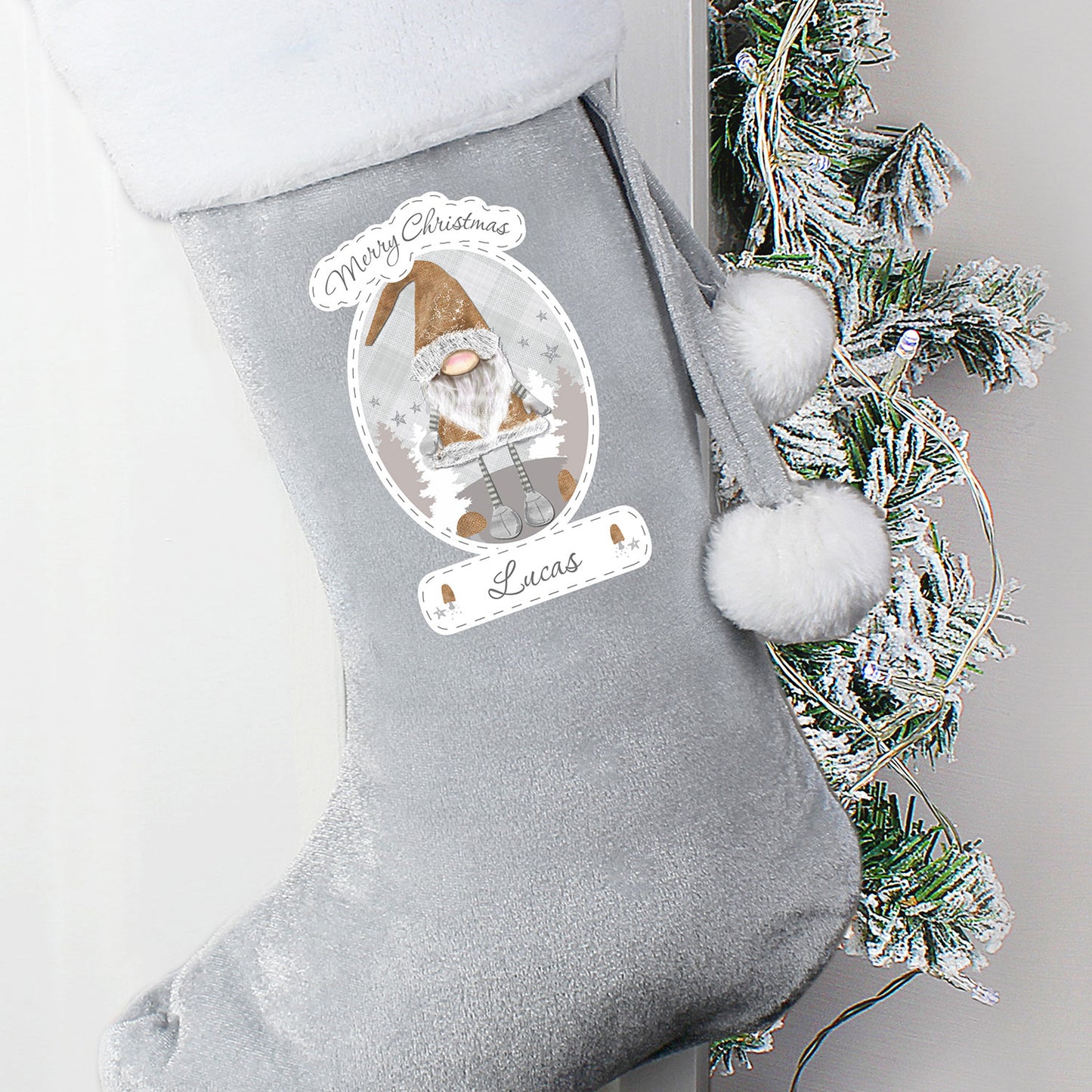 Personalised Christmas Gonk Silver Grey Pom Pom Stocking