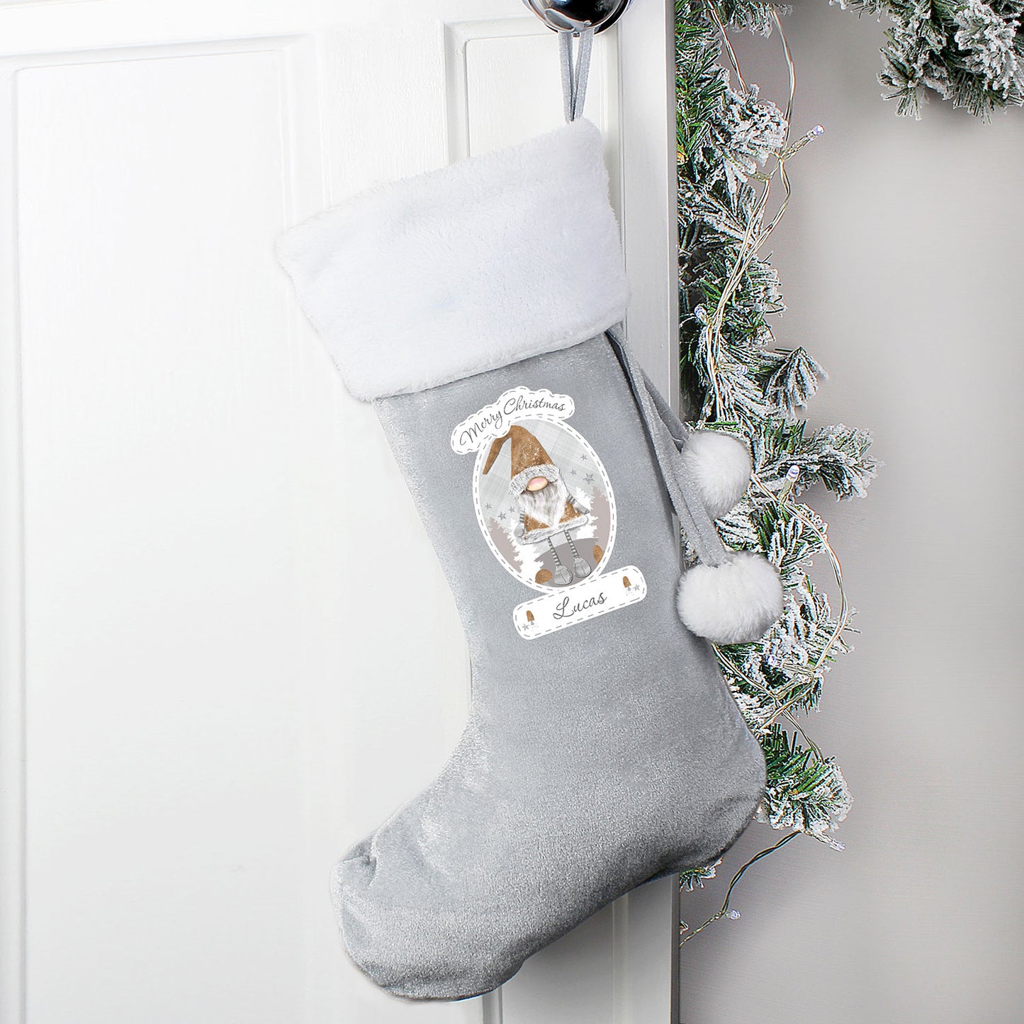 Personalised Christmas Gonk Silver Grey Pom Pom Stocking