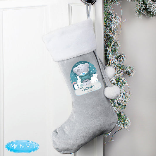 Personalised Tiny Tatty Teddy Silver Grey Pom Pom Stocking