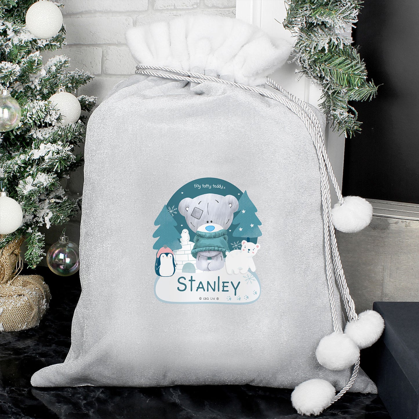 Personalised Tiny Tatty Teddy Silver Grey Pom Pom Santa Sack