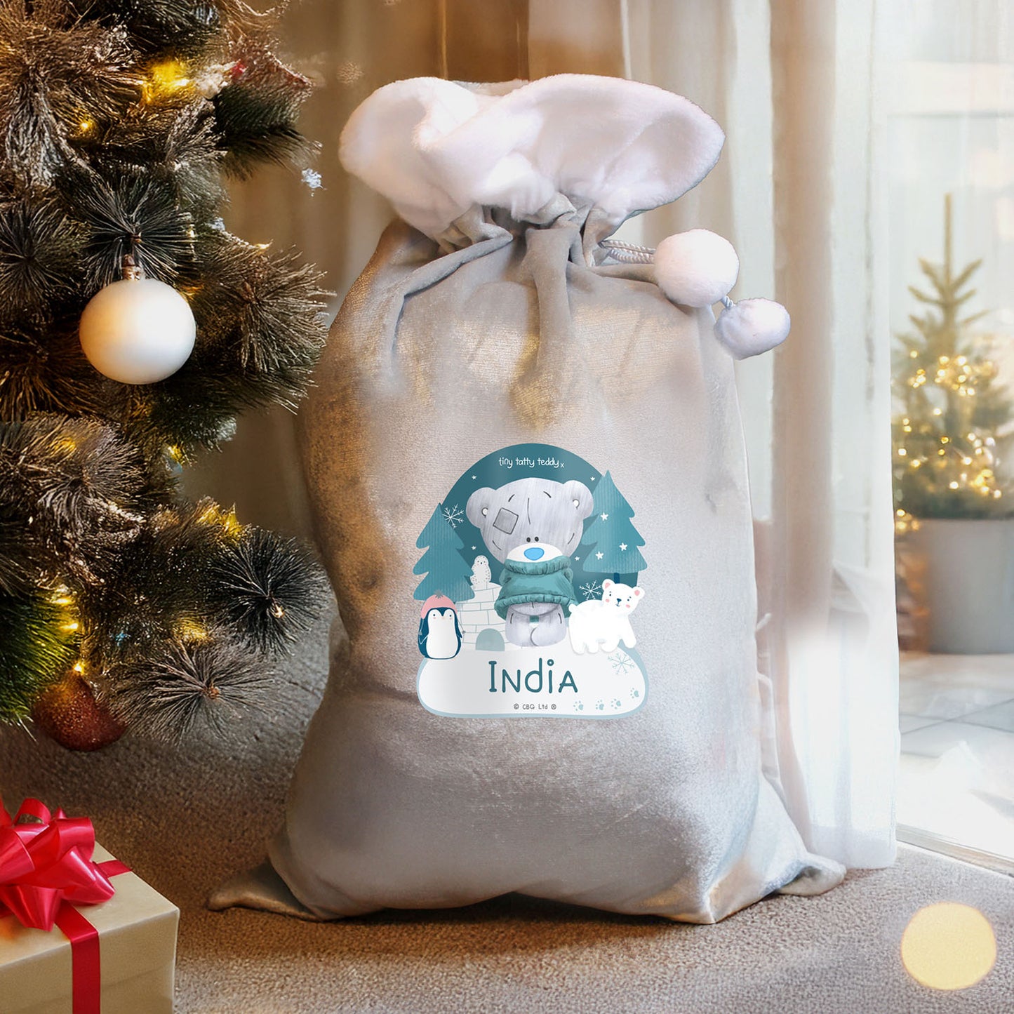 Personalised Tiny Tatty Teddy Silver Grey Pom Pom Santa Sack