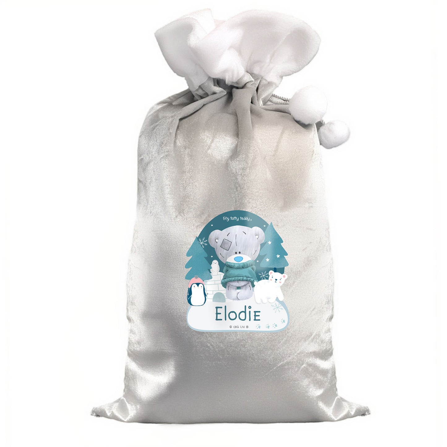 Personalised Tiny Tatty Teddy Silver Grey Pom Pom Santa Sack