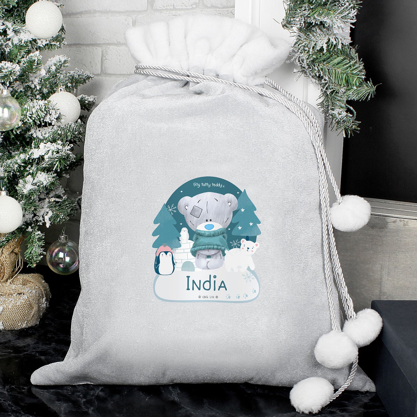 Personalised Tiny Tatty Teddy Silver Grey Pom Pom Santa Sack