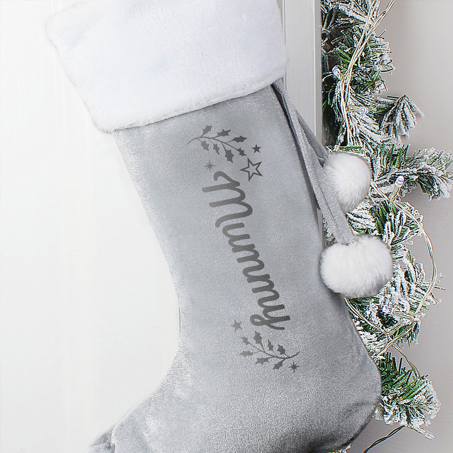 Personalised Holly Silver Grey Pom Pom Stocking