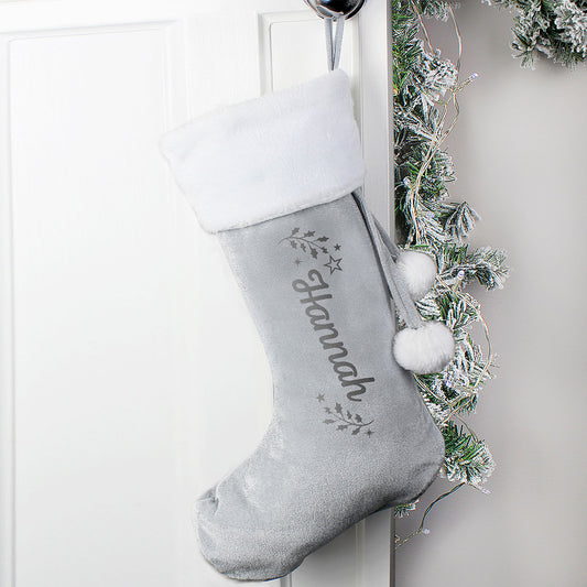 Personalised Holly Silver Grey Pom Pom Stocking