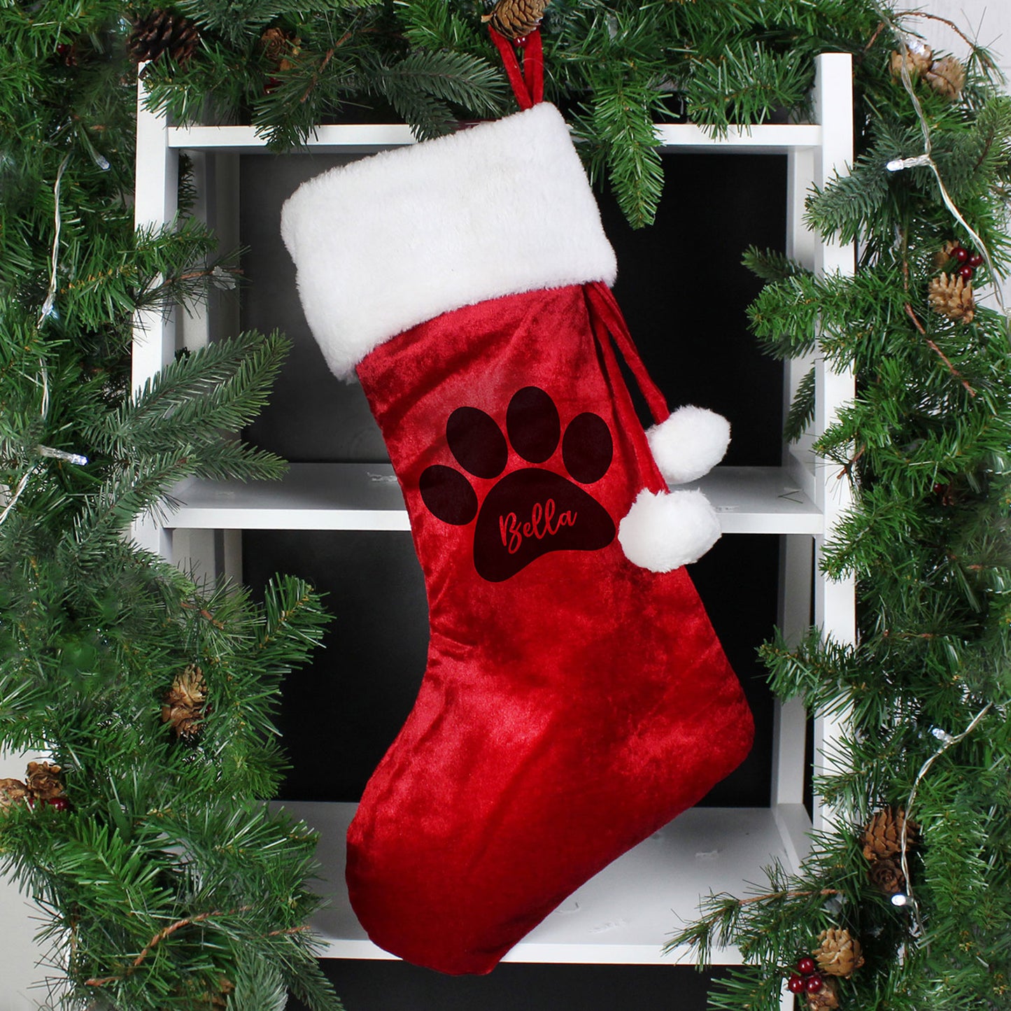 Personalised Paw Print Red Pom Pom Stocking