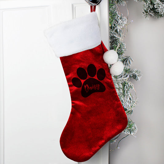 Personalised Paw Print Red Pom Pom Stocking