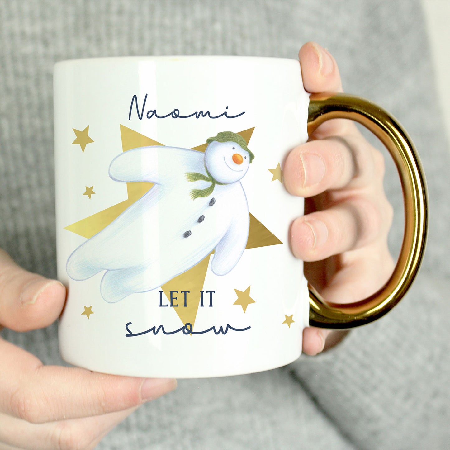 Personalised The Snowman Let it Snow Gold Handed Mug