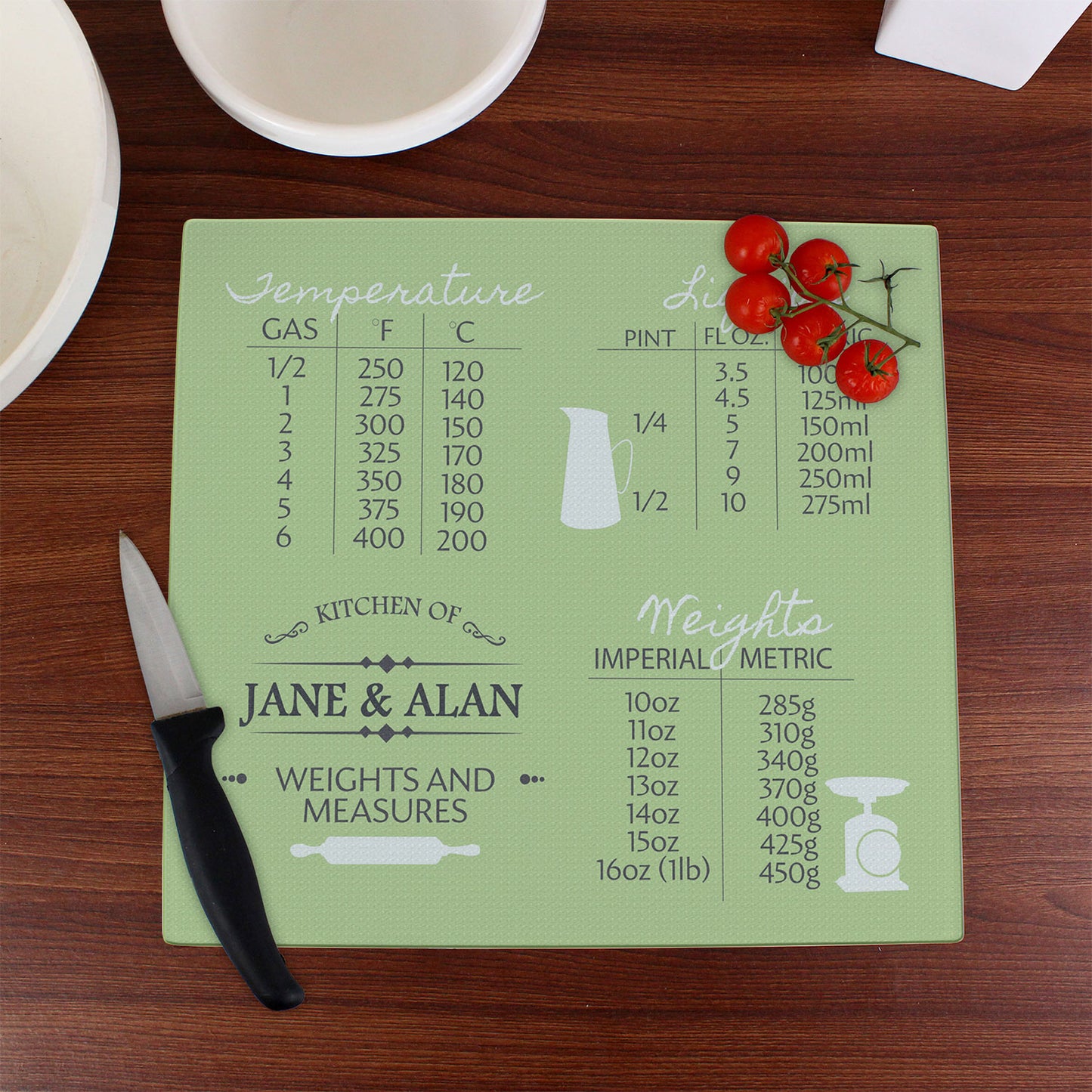 Personalised Weights & Measures Glass Chopping Board