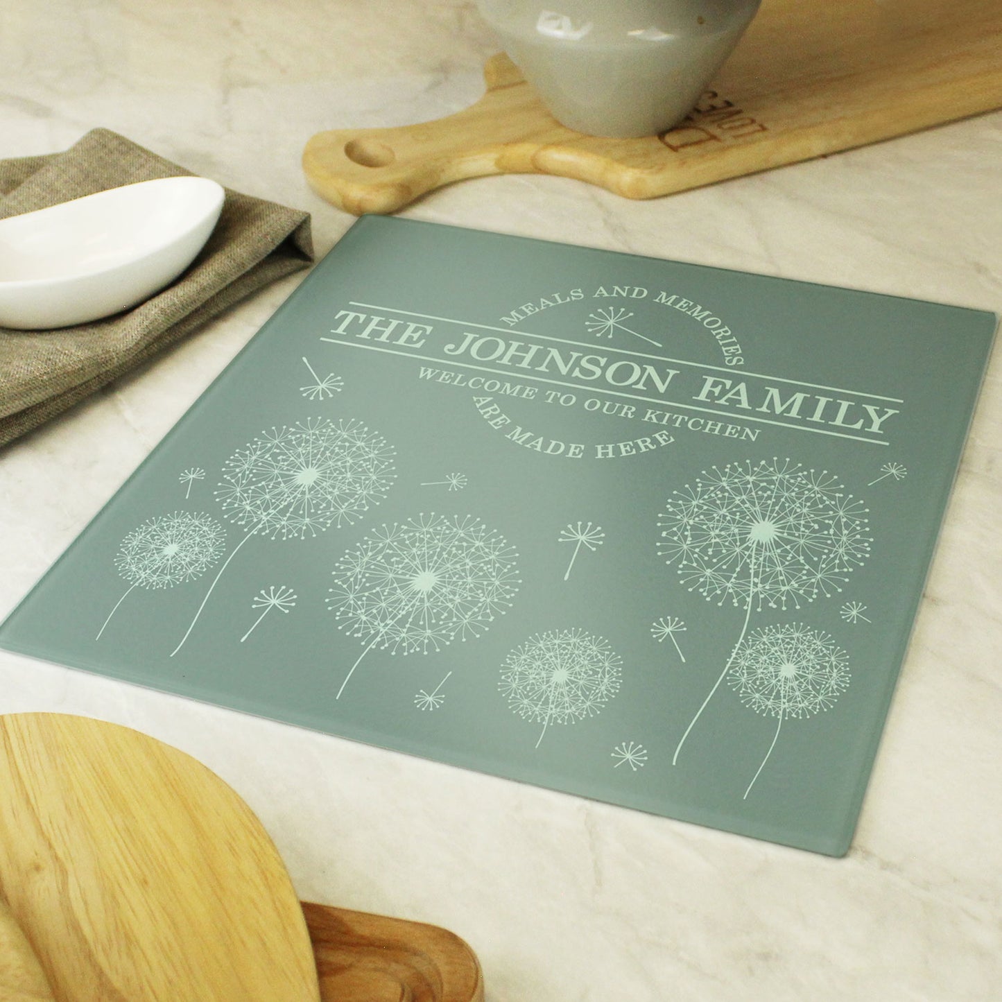 Personalised Dandelion Glass Chopping Board