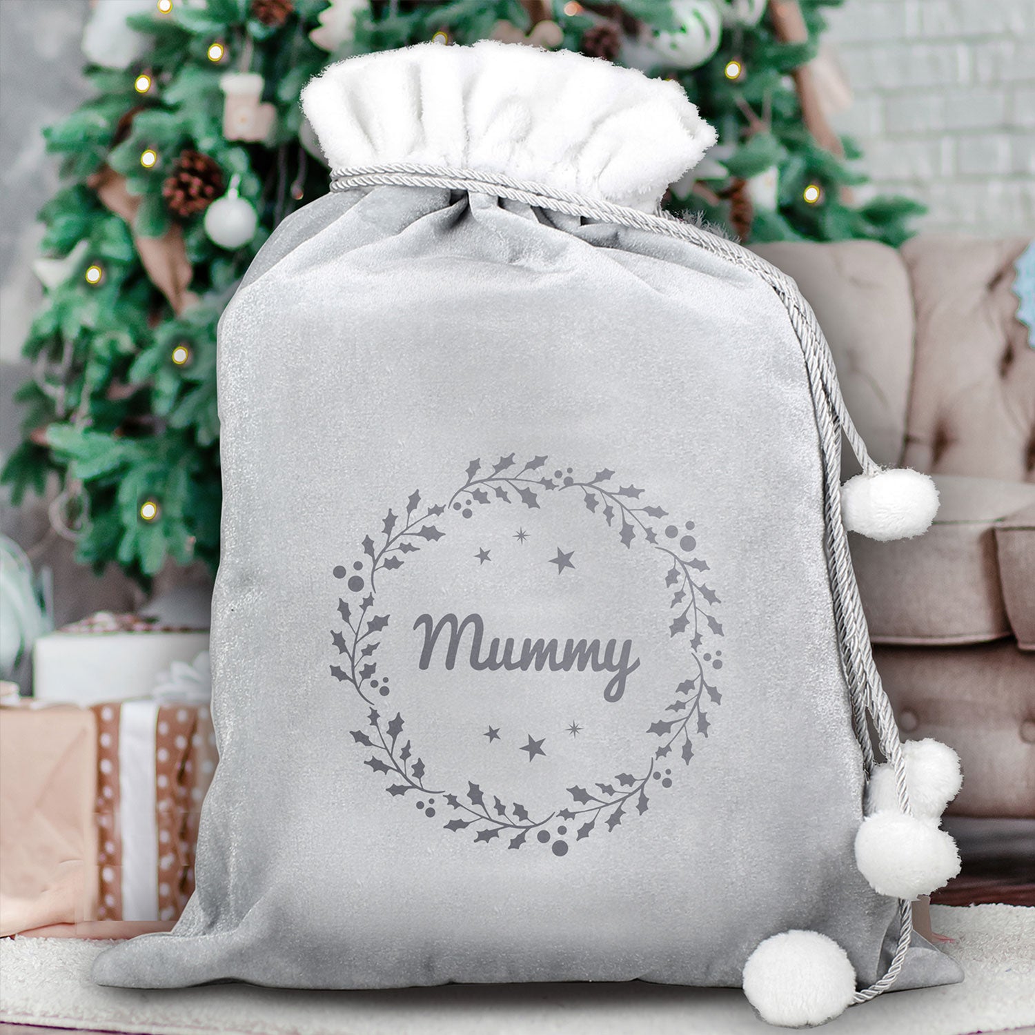 Personalised Holly Silver Grey Pom Pom Santa Sack Julian Charles Home