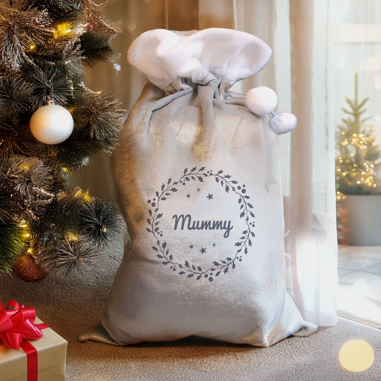 Personalised Holly Silver Grey Pom Pom Santa Sack
