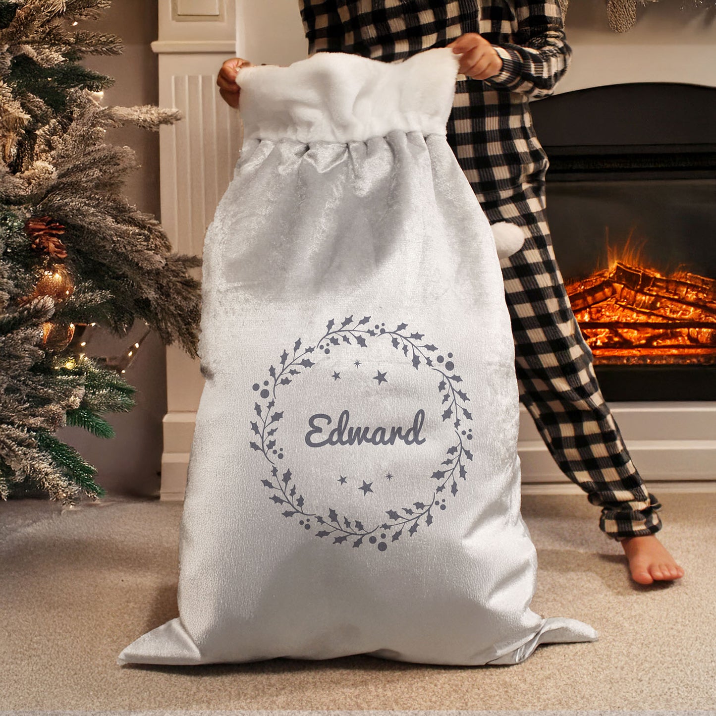 Personalised Holly Silver Grey Pom Pom Santa Sack