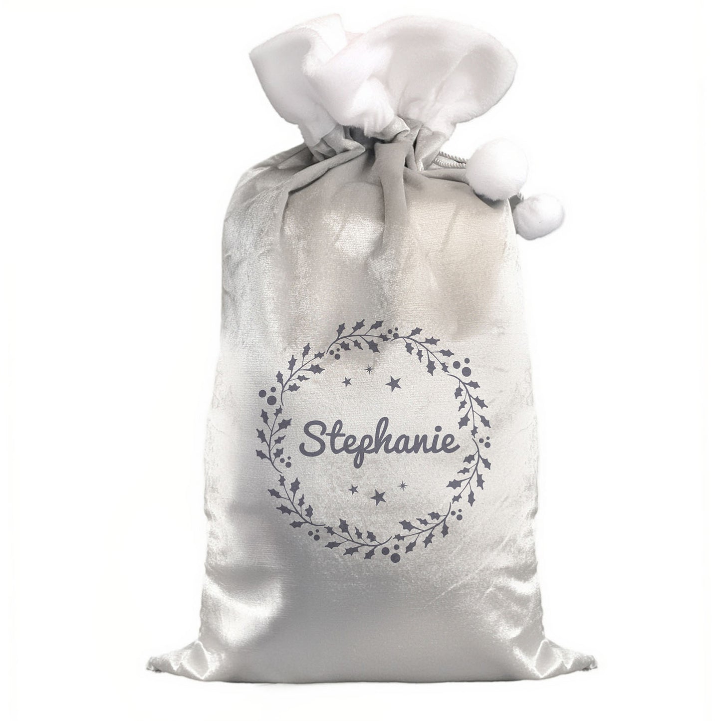 Personalised Holly Silver Grey Pom Pom Santa Sack