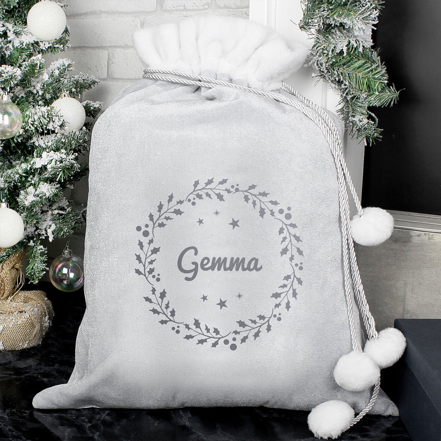 Personalised Holly Silver Grey Pom Pom Santa Sack