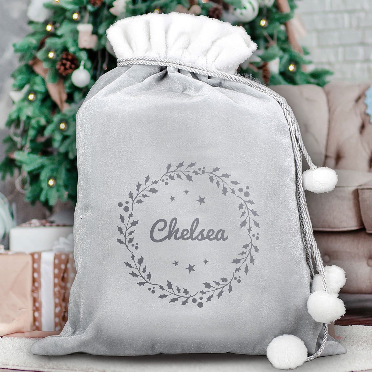 Personalised Holly Silver Grey Pom Pom Santa Sack