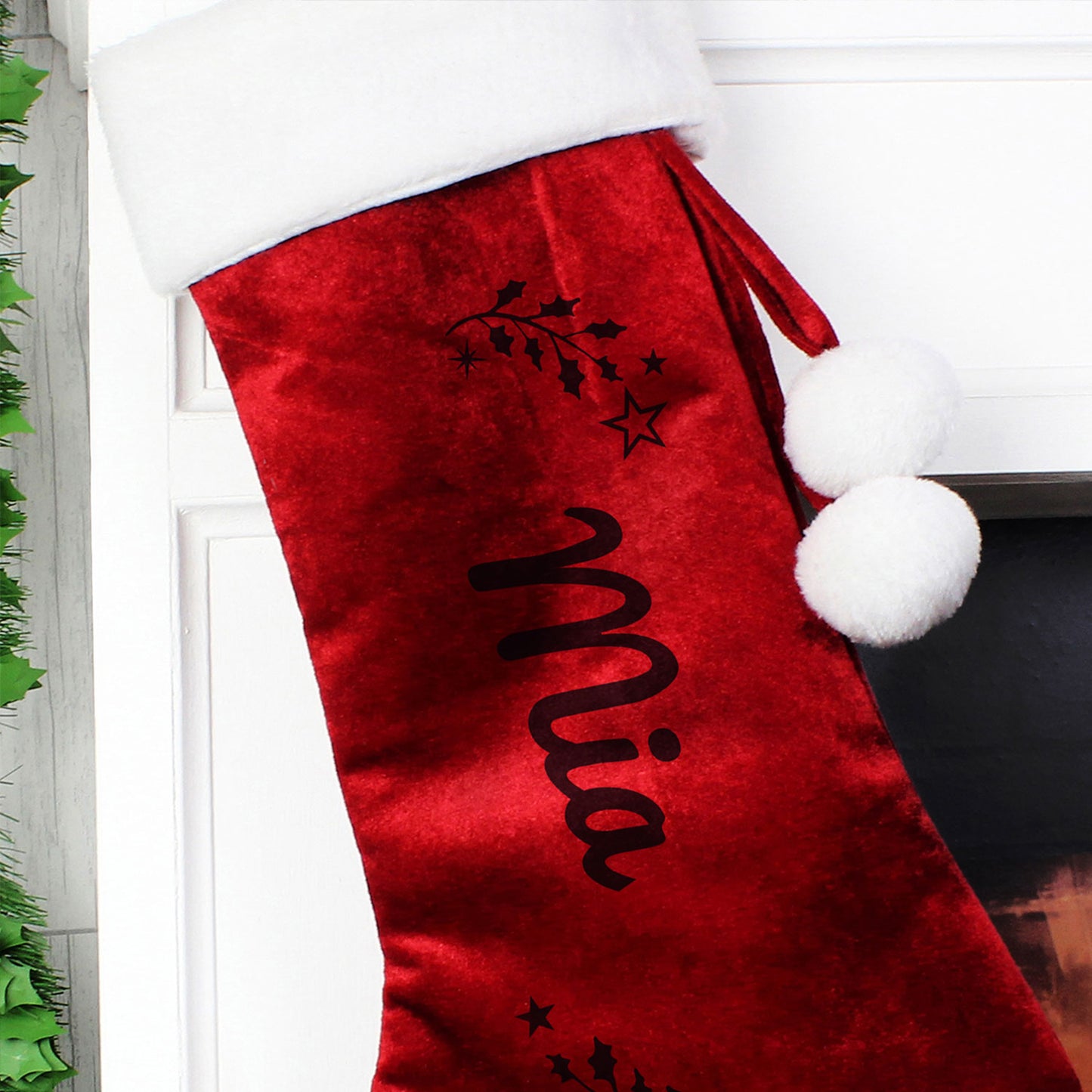 Personalised Holly Red Pom Pom Stocking