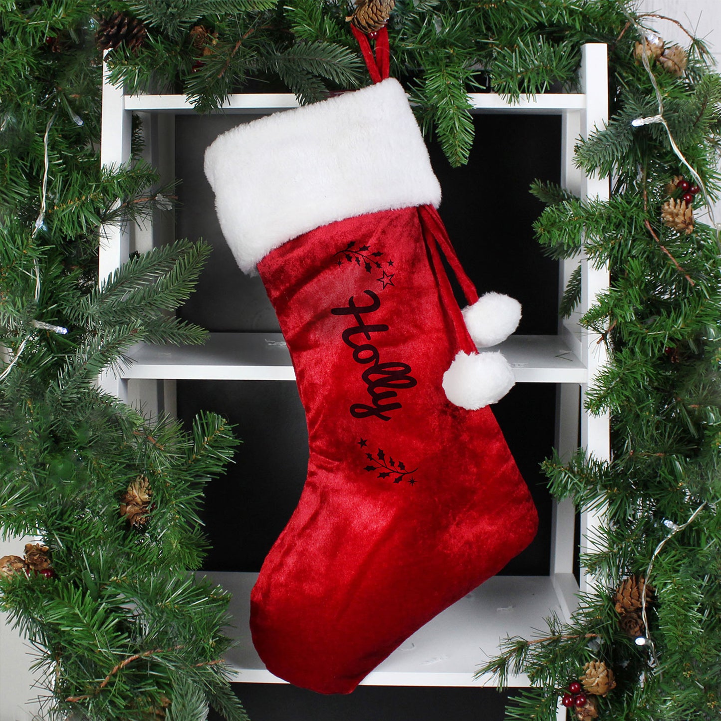 Personalised Holly Red Pom Pom Stocking