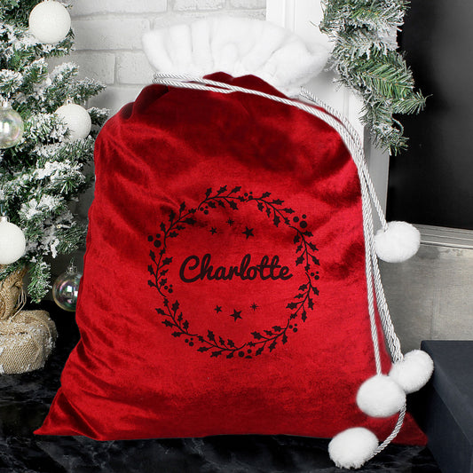 Personalised Holly Red Pom Pom Santa Sack