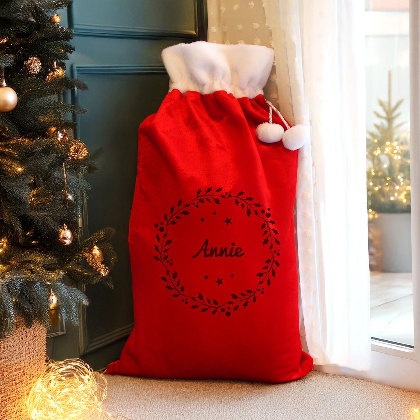 Personalised Holly Red Pom Pom Santa Sack