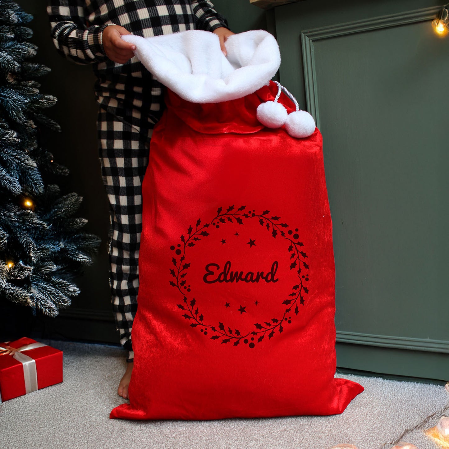 Personalised Holly Red Pom Pom Santa Sack