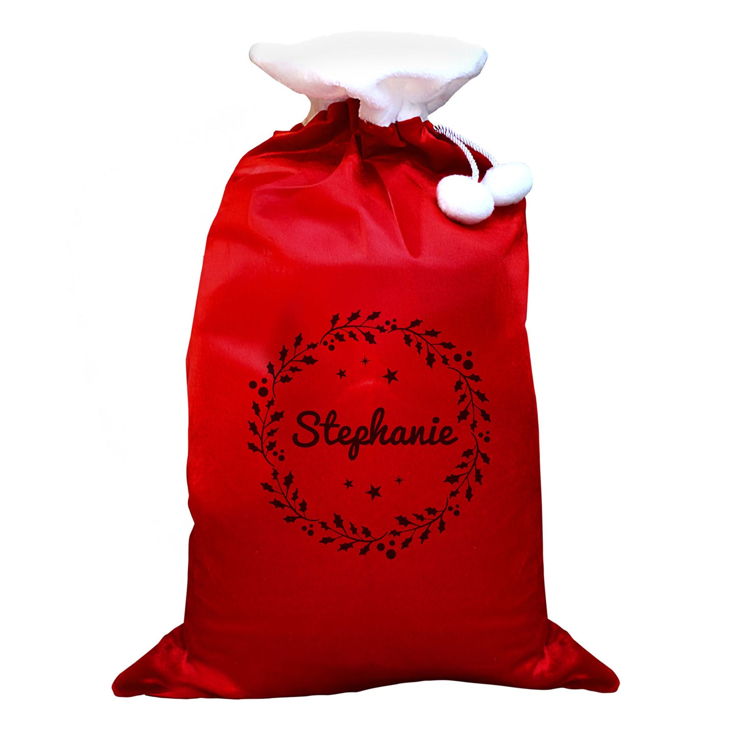 Personalised Holly Red Pom Pom Santa Sack