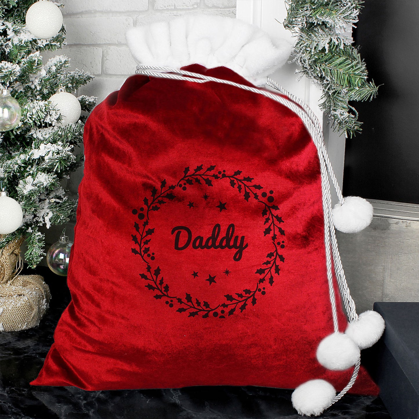 Personalised Holly Red Pom Pom Santa Sack