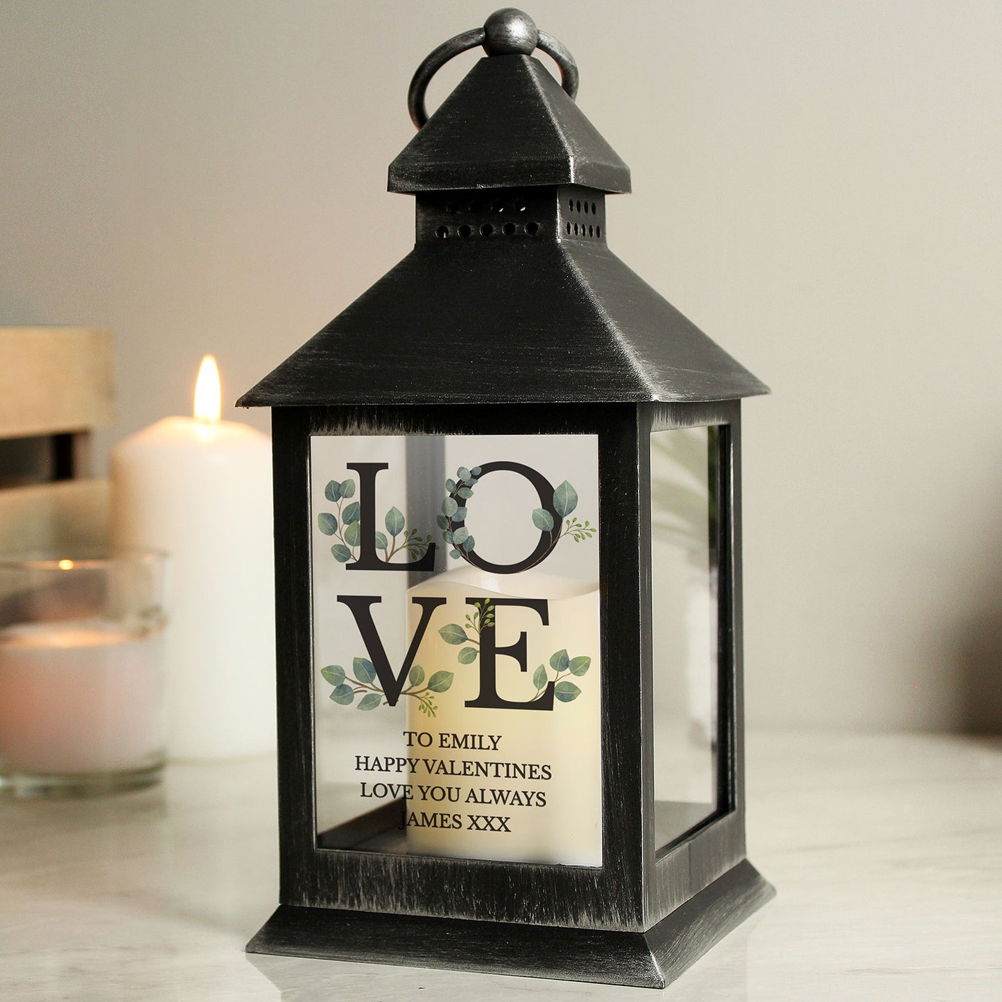 Personalised LOVE Flameless Candle Black Lantern