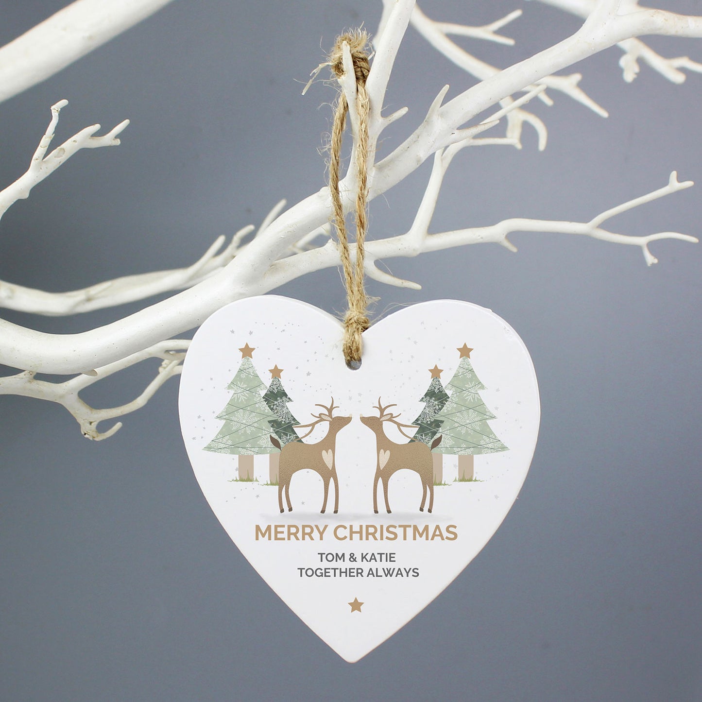 Personalised Reindeer Couple Wooden Heart Decoration