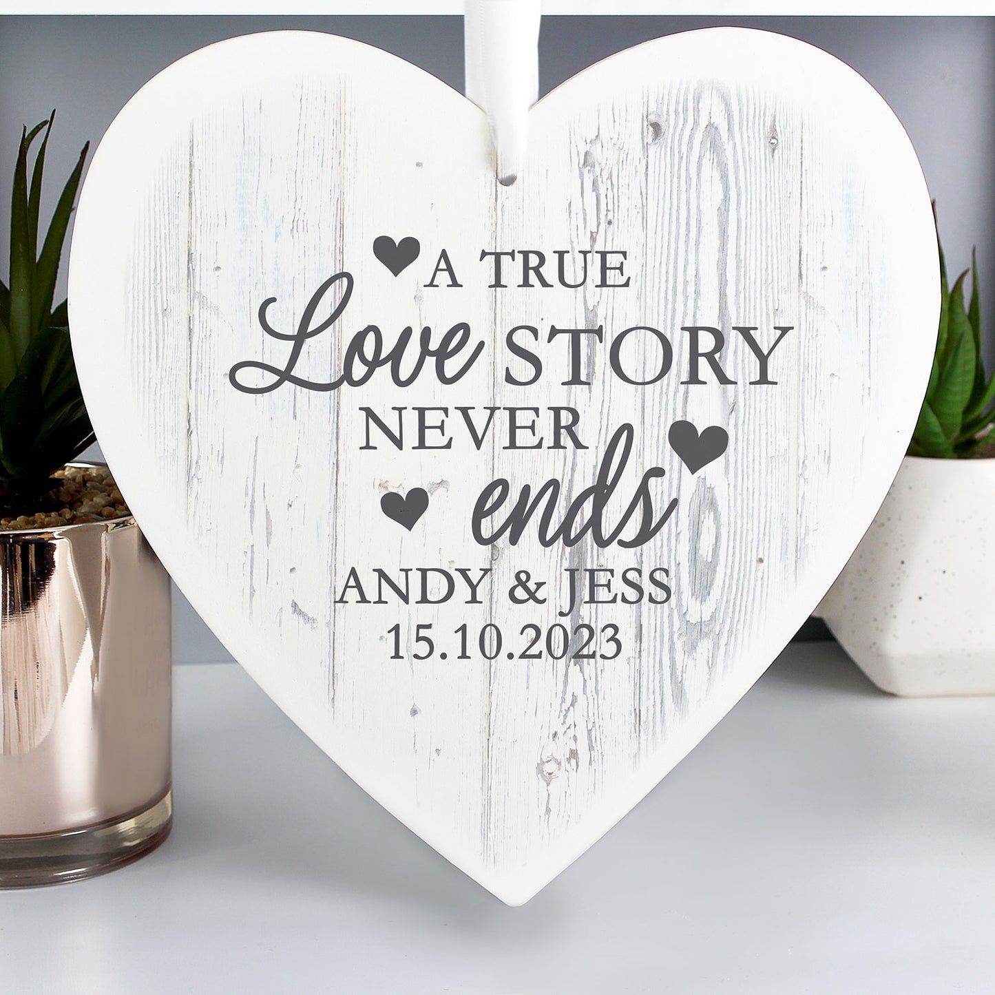 Personalised Love Story Wooden Heart Hanging Decoration