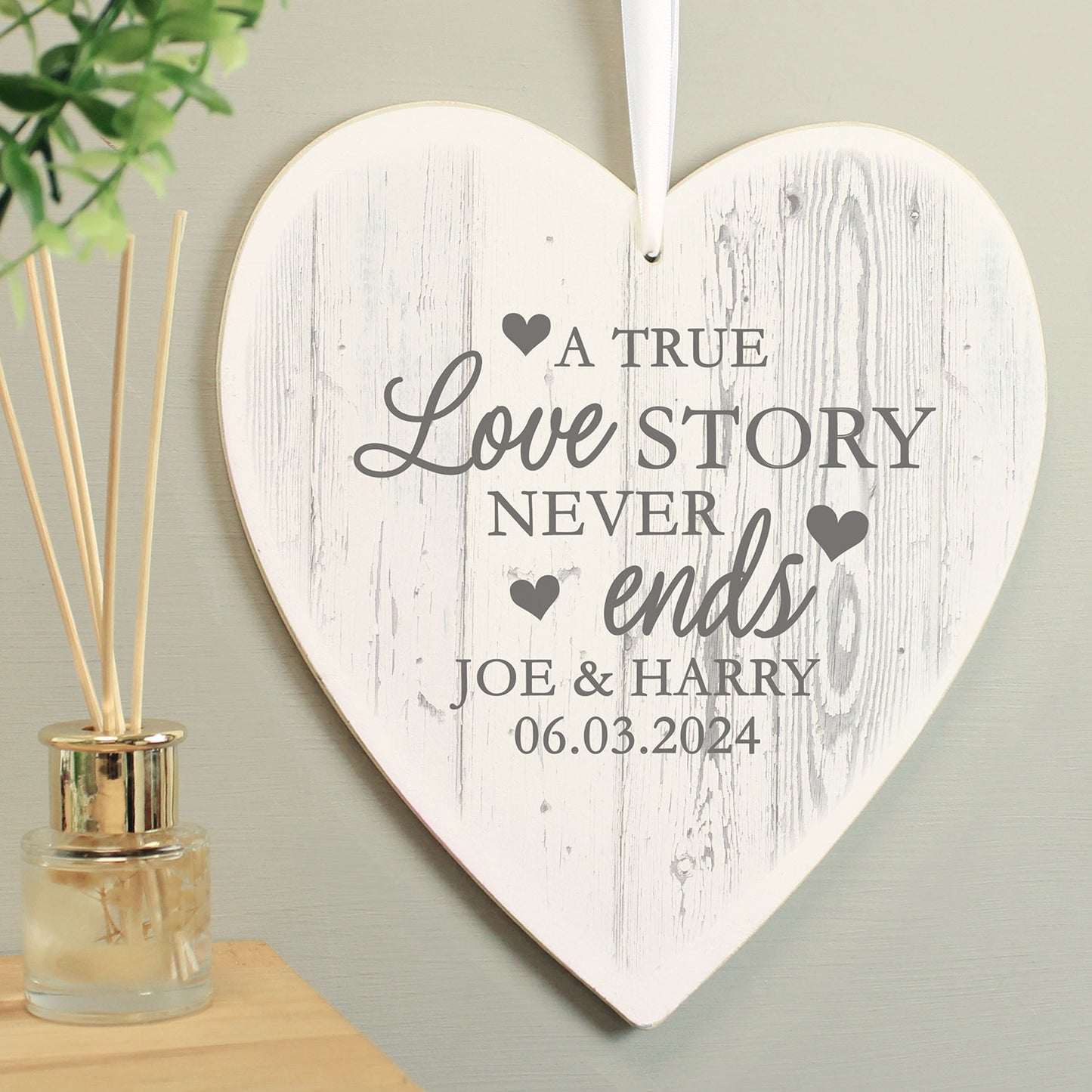 Personalised Love Story Wooden Heart Hanging Decoration