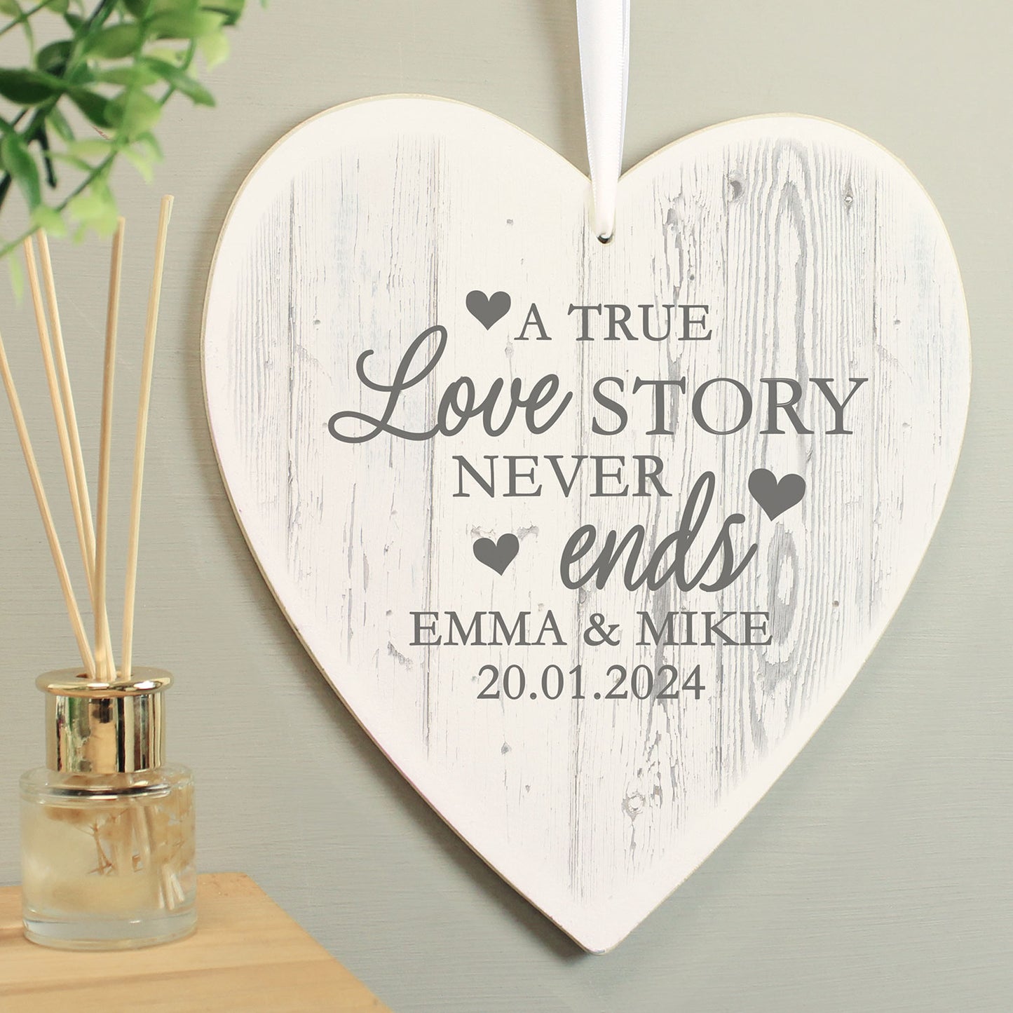 Personalised Love Story Wooden Heart Hanging Decoration