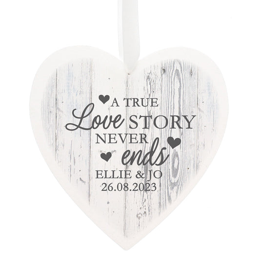 Personalised Love Story Wooden Heart Hanging Decoration