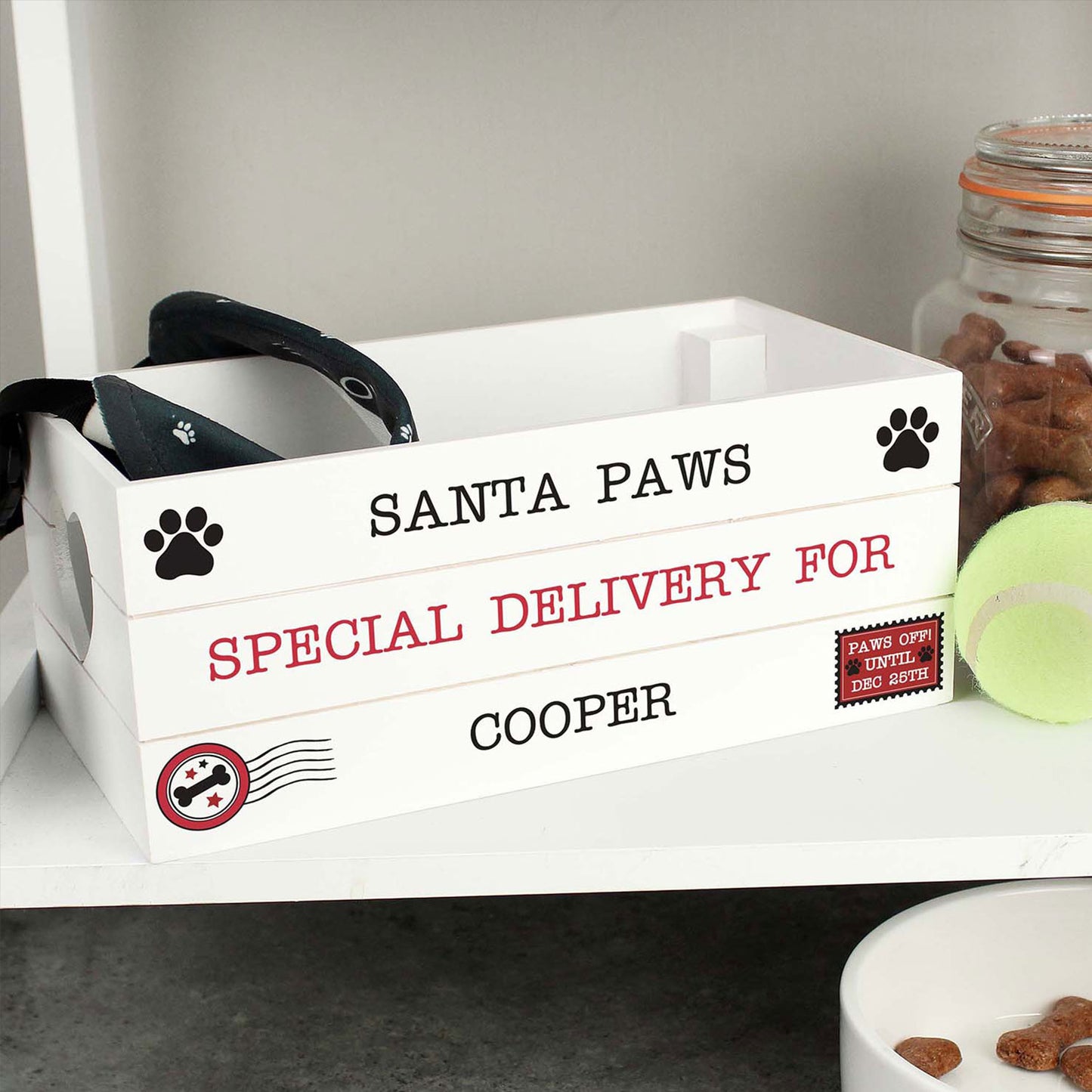 Personalised Small Santa Paws White Wooden Storage Box