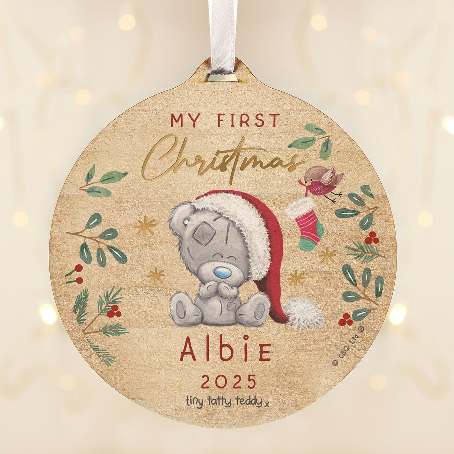 Personalised Tiny Tatty Teddy First Christmas Round Wooden Decoration