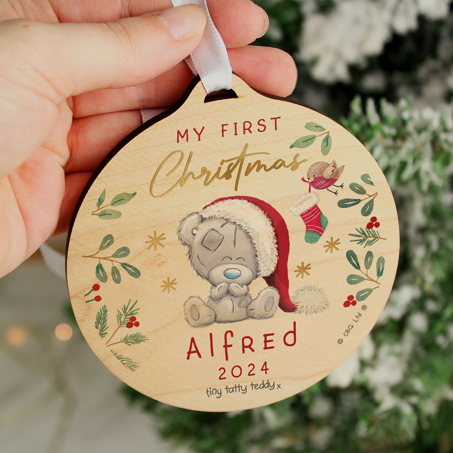 Personalised Tiny Tatty Teddy First Christmas Round Wooden Decoration