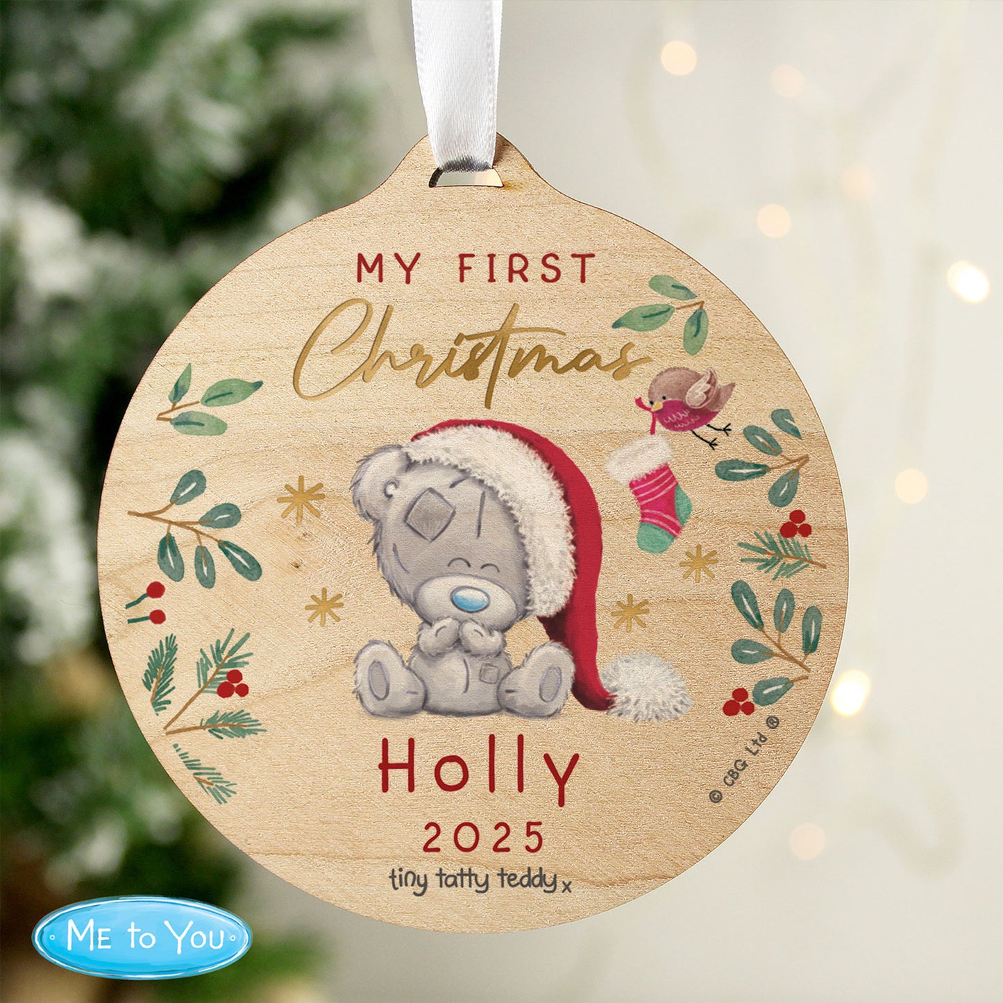 Personalised Tiny Tatty Teddy First Christmas Round Wooden Decoration