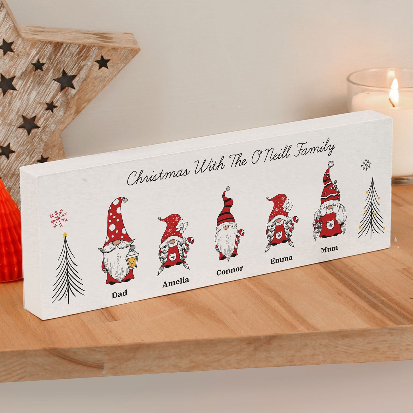 Personalised Gonk Family Mantle Christmas Block Sign