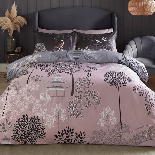 Sara Miller Pagoda Garden Blush-Grey Cotton Duvet Set