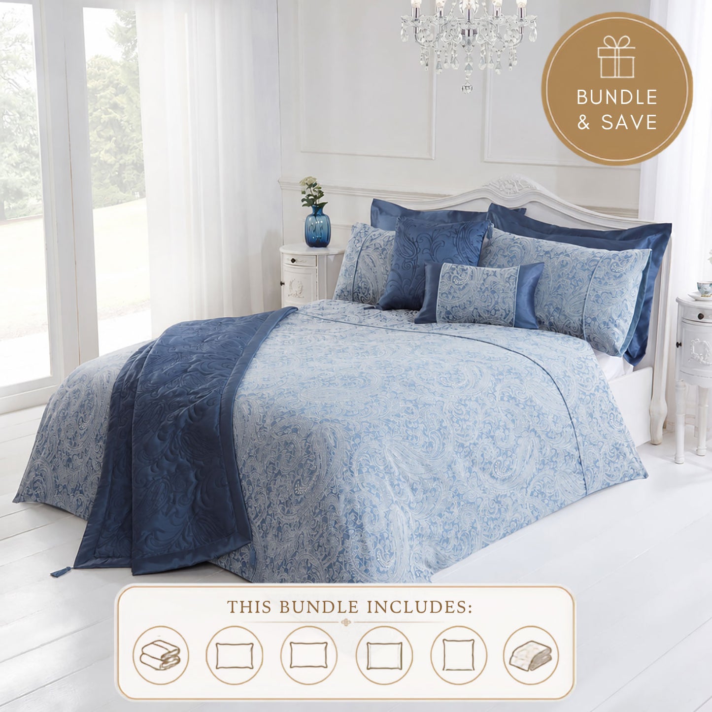 Paisley Chambray Luxury Jacquard 6 Piece Bedding Bundle