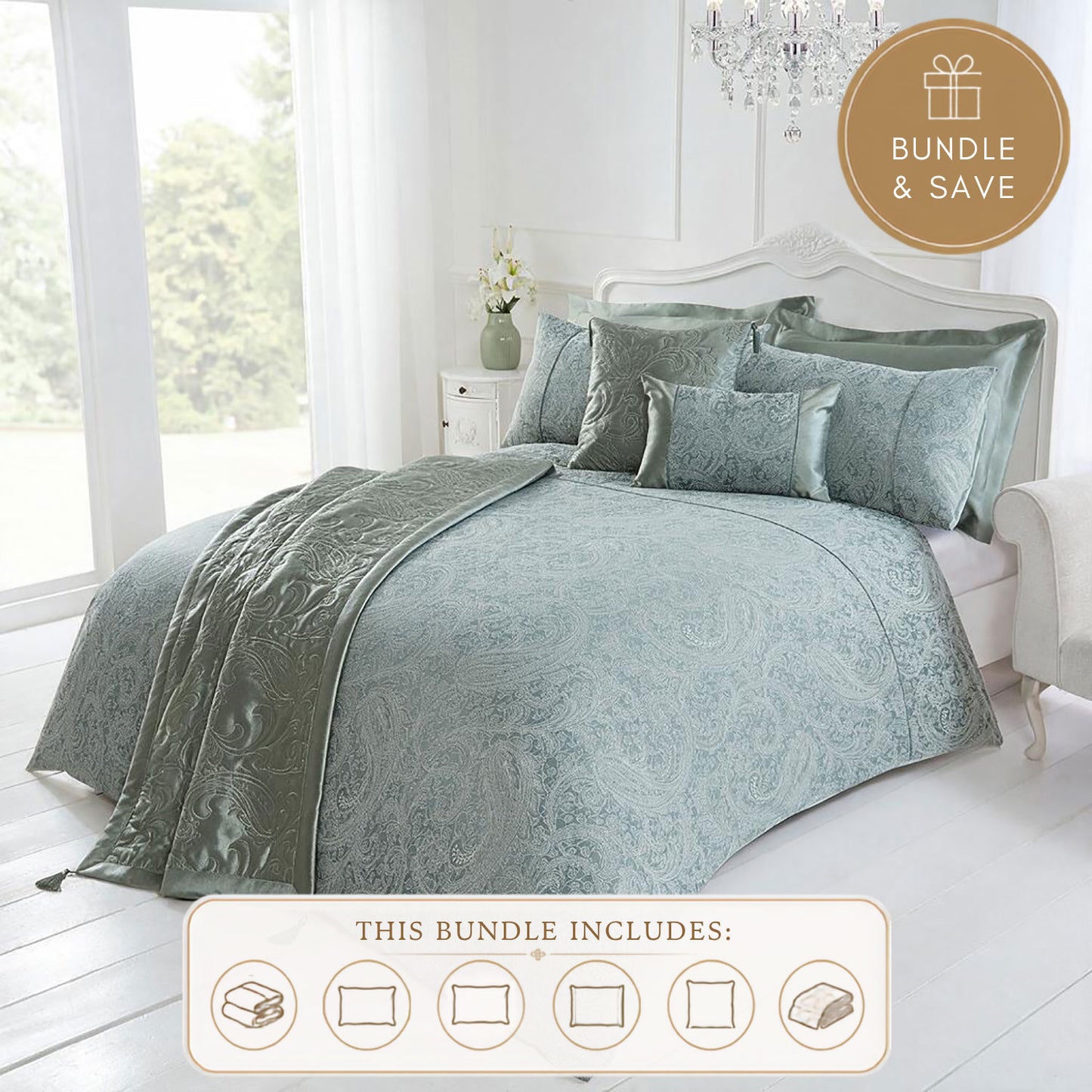 Paisley Soft Green Luxury Jacquard 6 Piece Bedding Bundle
