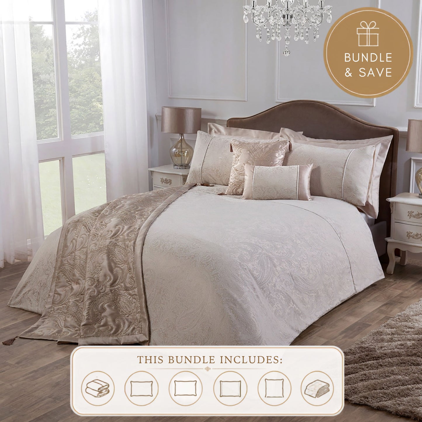 Paisley Natural Luxury Jacquard 6 Piece Bedding Bundle