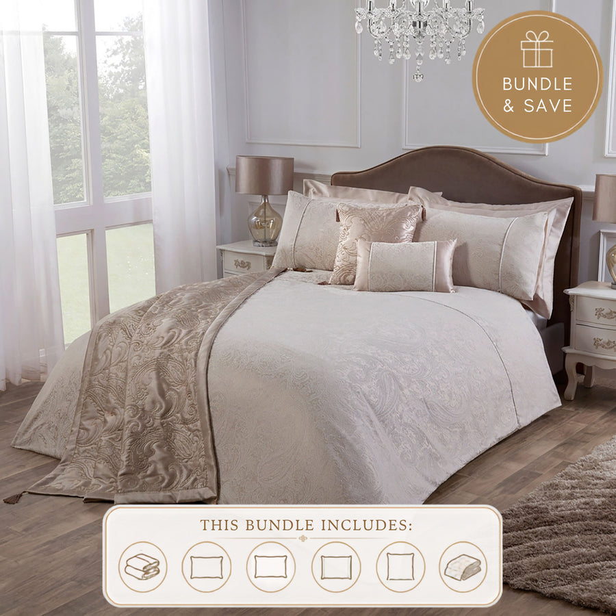 Paisley Natural Luxury Jacquard 6 Piece Bedding Bundle