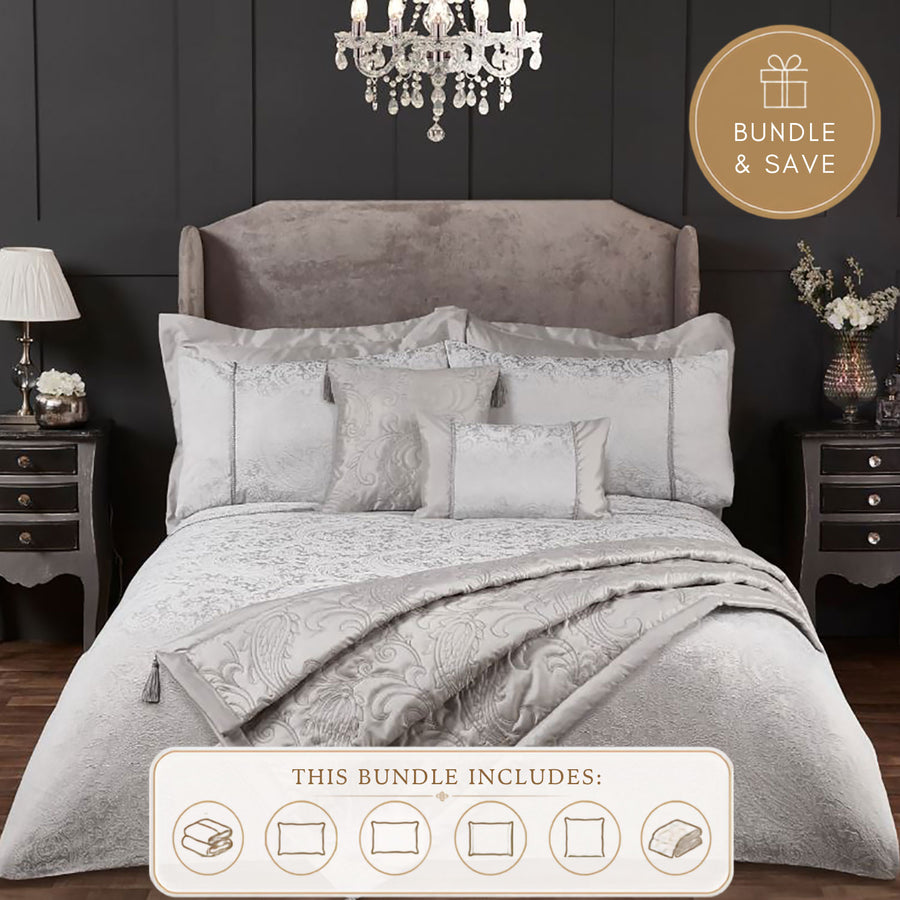 Paisley Silver Luxury Jacquard 6 Piece Bedding Bundle
