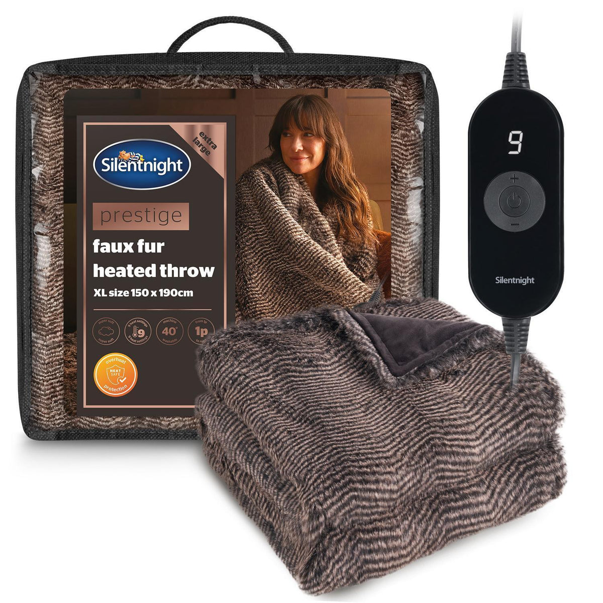Silentnight Prestige Brown Printed XL Faux Fur Heated Throw